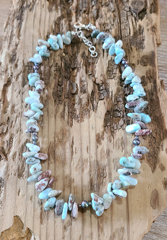 Larimar & Peacock Pearl Necklace  - JNLS104